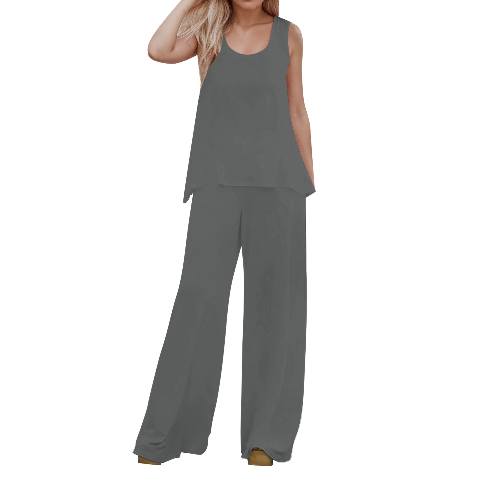 thumbnail image 1 of Conjunto de 2 piezas para mujer: chaleco sin mangas y pantalones anchos, estilo boho informal, color liso, mezcla de poliéster y spandex, 1 of 5